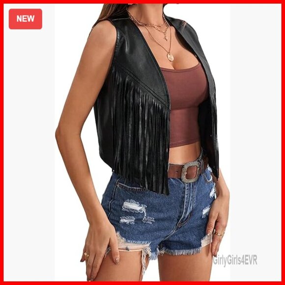 Jackets & Blazers - PU Leather Fringe Vest Sleeveless Open Front 70s Hippie Style